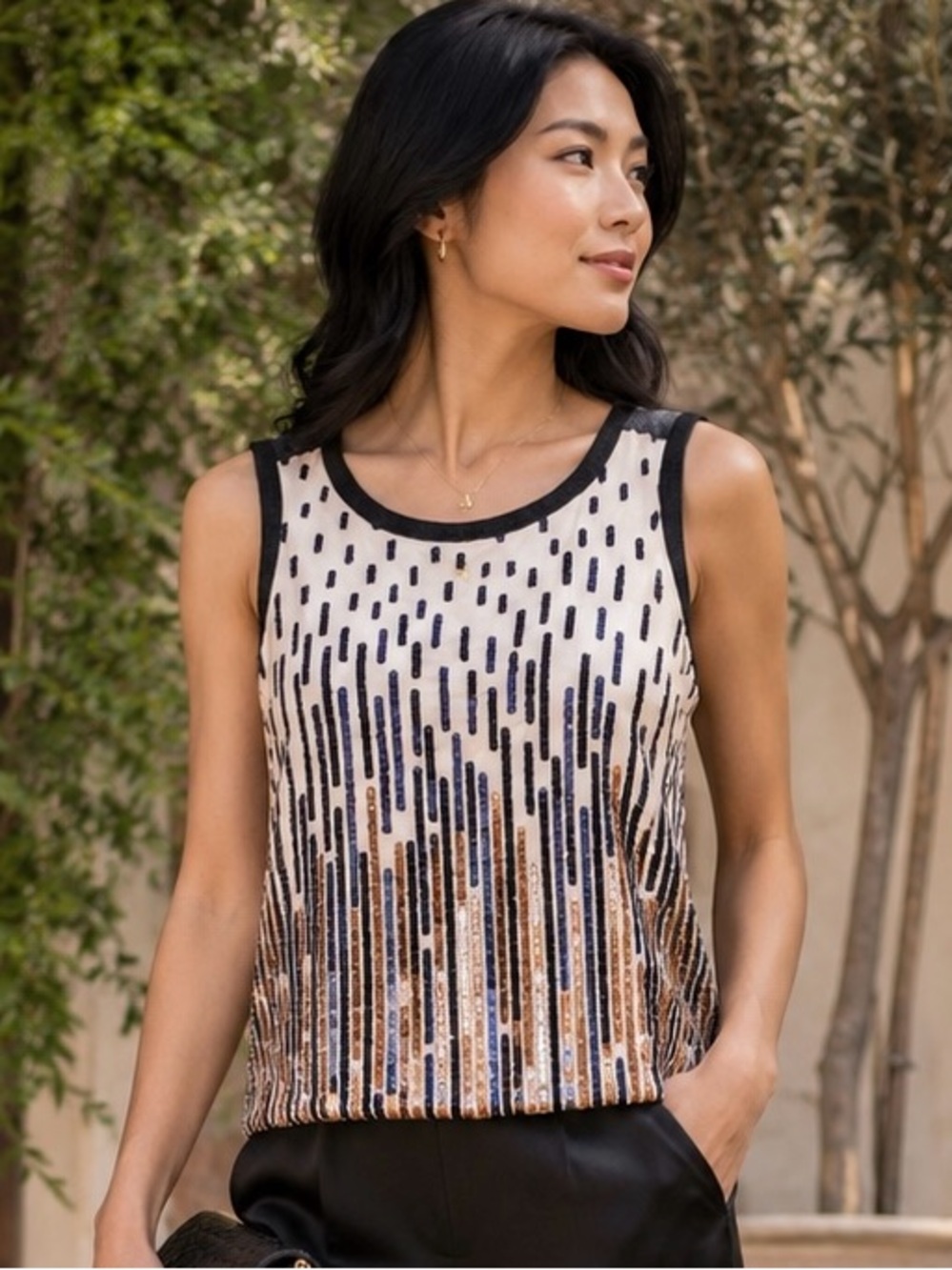 Anthropologie Sequin Ombre Tank in Black and Cream with Metallic Accents